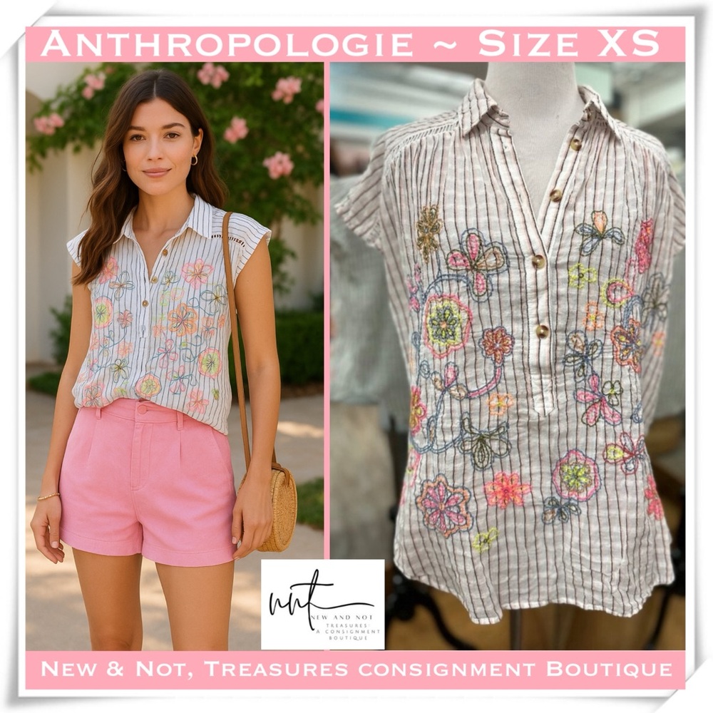 Anthropologie Pilcro Serena Surf Henley Floral Embroidered Top Size XSmall